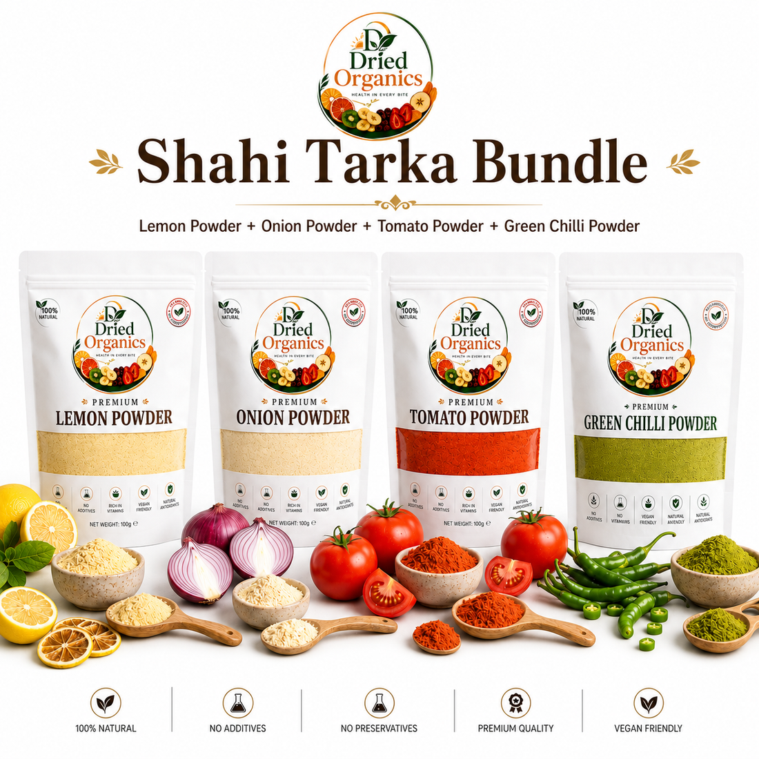 Shahi Tarka Bundle – 4 in 1 Kitchen Essentials | Lemon, Onion, Tomato & Green Chilli Powder | 100g Each
