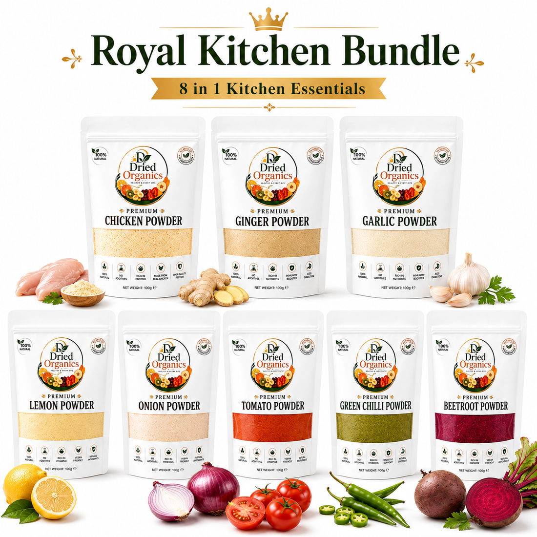 Royal Kitchen Bundle – 8 in 1 Premium Kitchen Essentials | Chicken, Ginger, Garlic, Lemon, Onion, Tomato, Green Chilli & Beetroot Powder