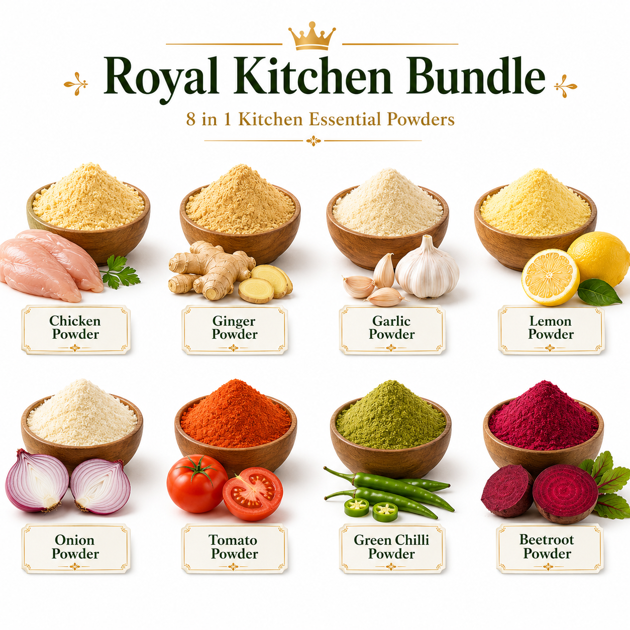 Royal Kitchen Bundle – 8 in 1 Premium Kitchen Essentials | Chicken, Ginger, Garlic, Lemon, Onion, Tomato, Green Chilli & Beetroot Powder